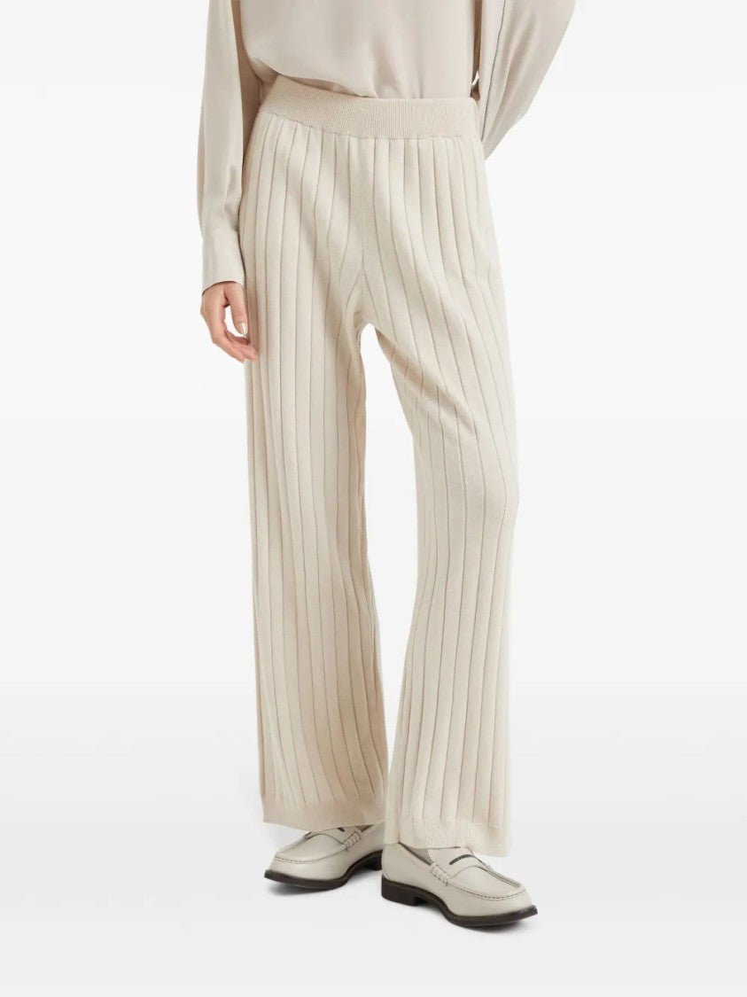 Brunello Cucinelli Wide-Leg Beige Trousers With Ribbed Knit Texture