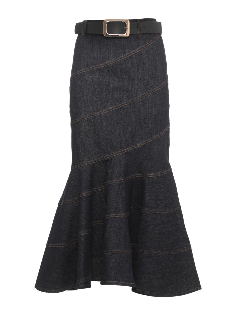 Self-Portrait Dark Denim Skirt With Mermaid Hem And Back Zipper Closure