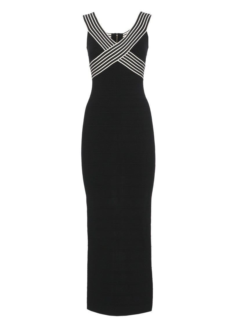 Elisabetta Franchi Black V-Neck Midi Dress With Striped Accents