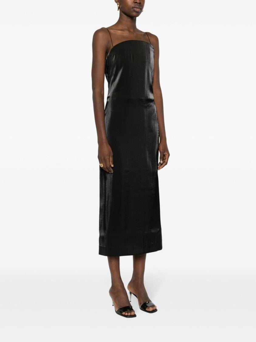Jacquemus Calf-Length Black Satin Finish Spaghetti Strap Dress