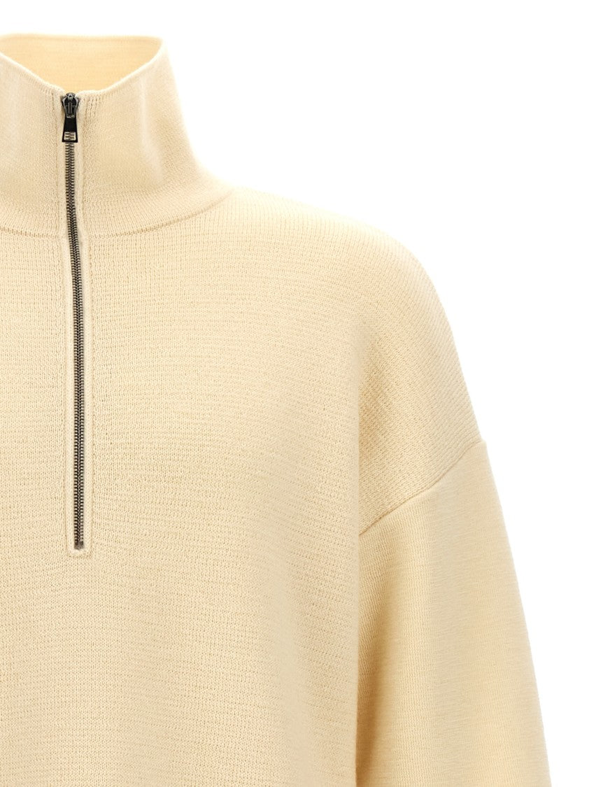 Ma'ry'ya Half Zip Wool Sweater With Cuffed Sleeves And Relaxed Fit