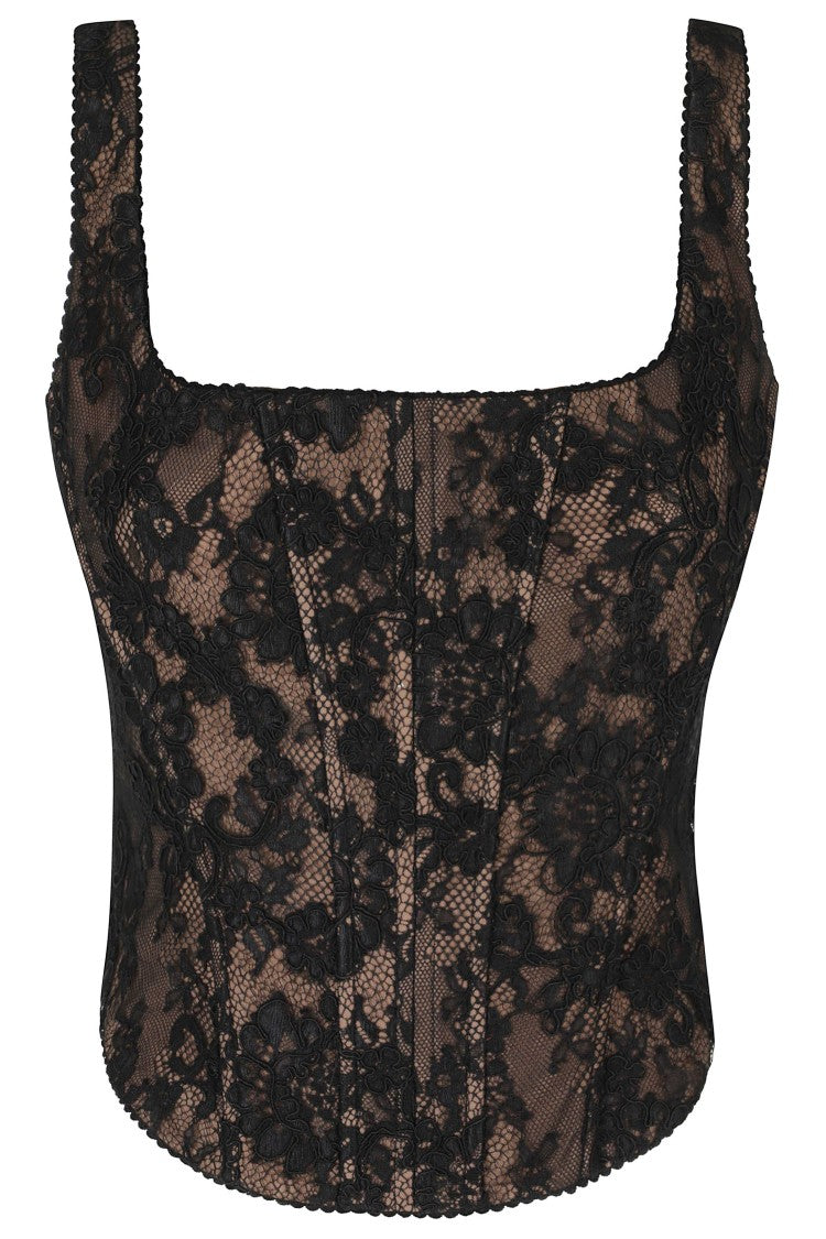 Self-Portrait Black Fitted Intricate Lace Overlay Corset Top