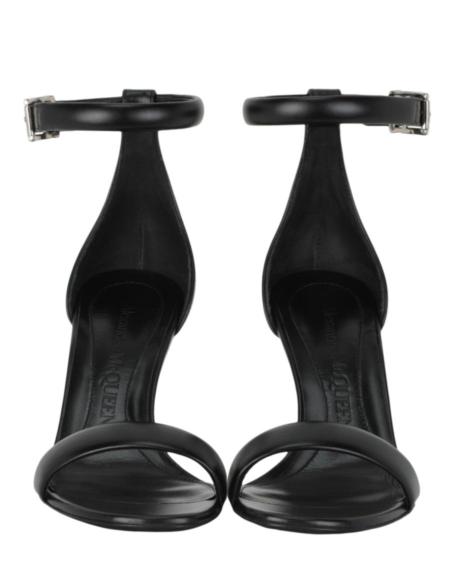 Alexander Mcqueen Curved Heel Black Calfskin Sandals With Ankle Strap