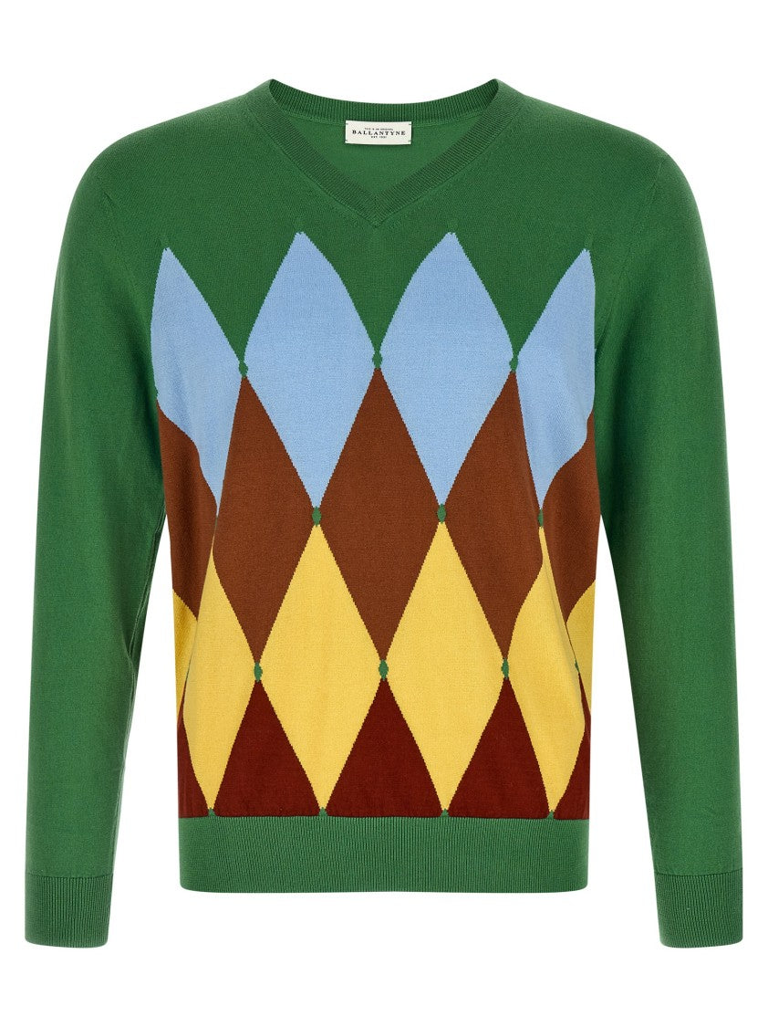 Ballantyne Argyle Jacquard Cashmere-Blend Sweater With Ribbed Hem