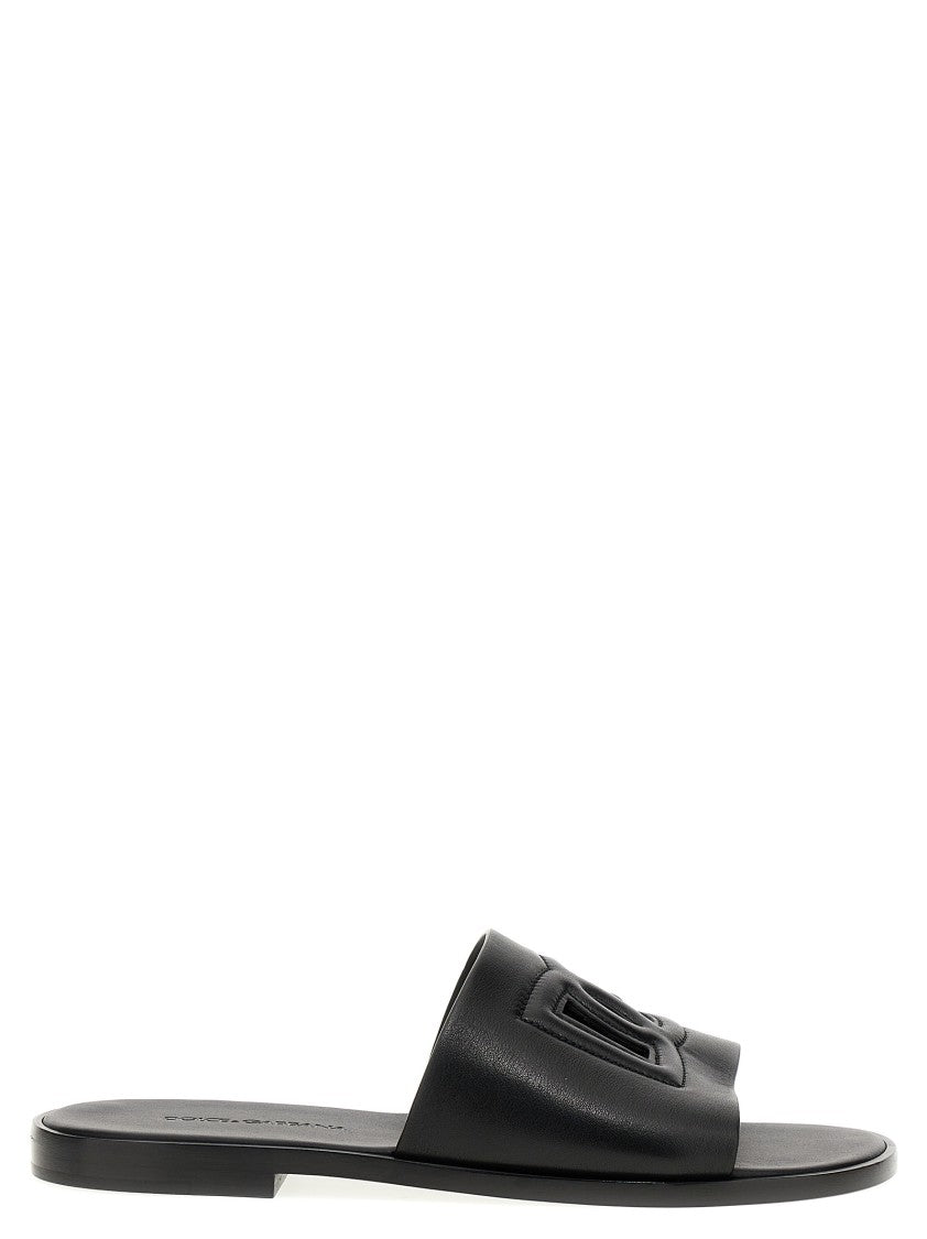 Dolce & Gabbana Black Leather Slides With Prominent Logo