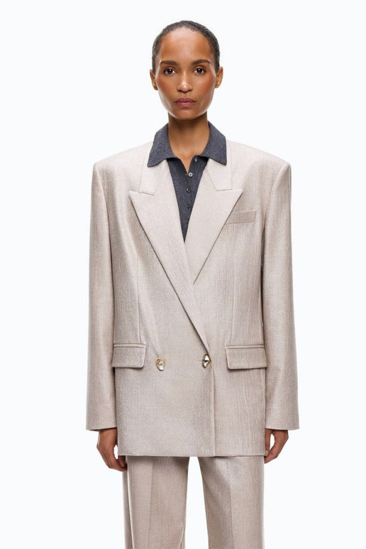 Pinko Beige Metallic-Sheen Double-Breasted Blazer