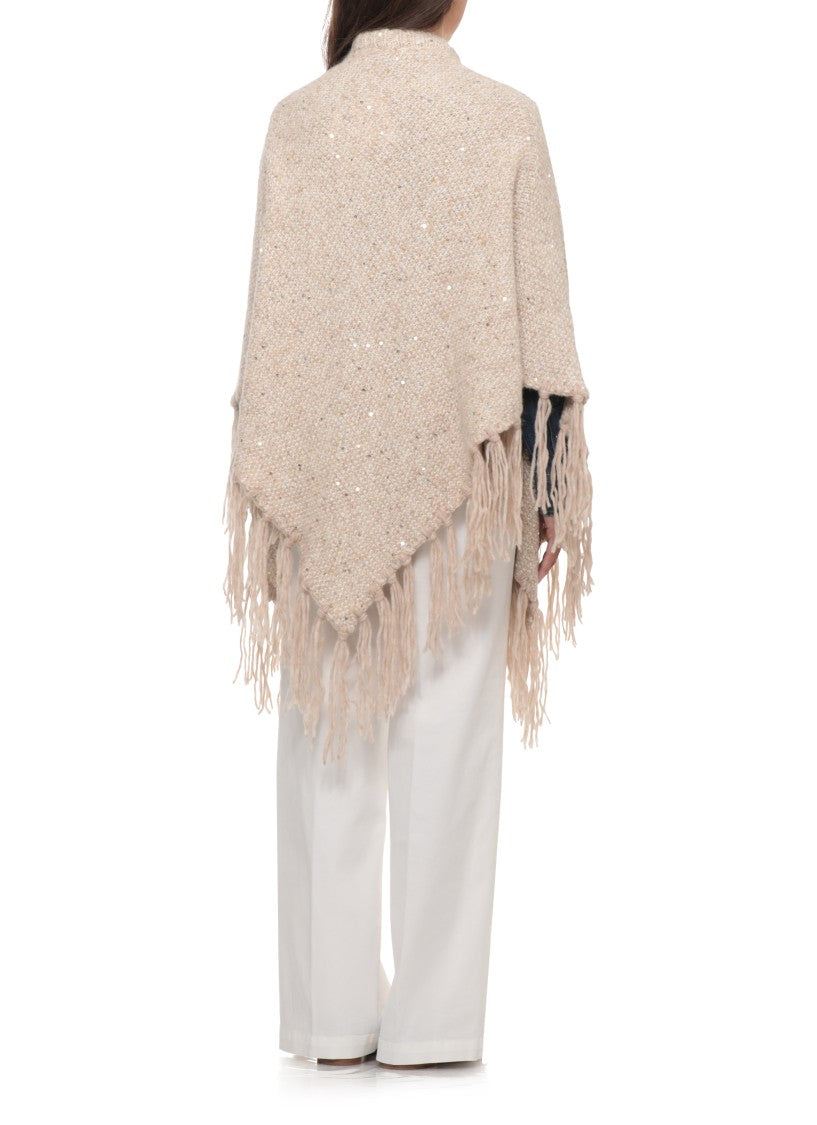 Peserico Beige Knitted Cape With Lurex Motif And Fringed Hem