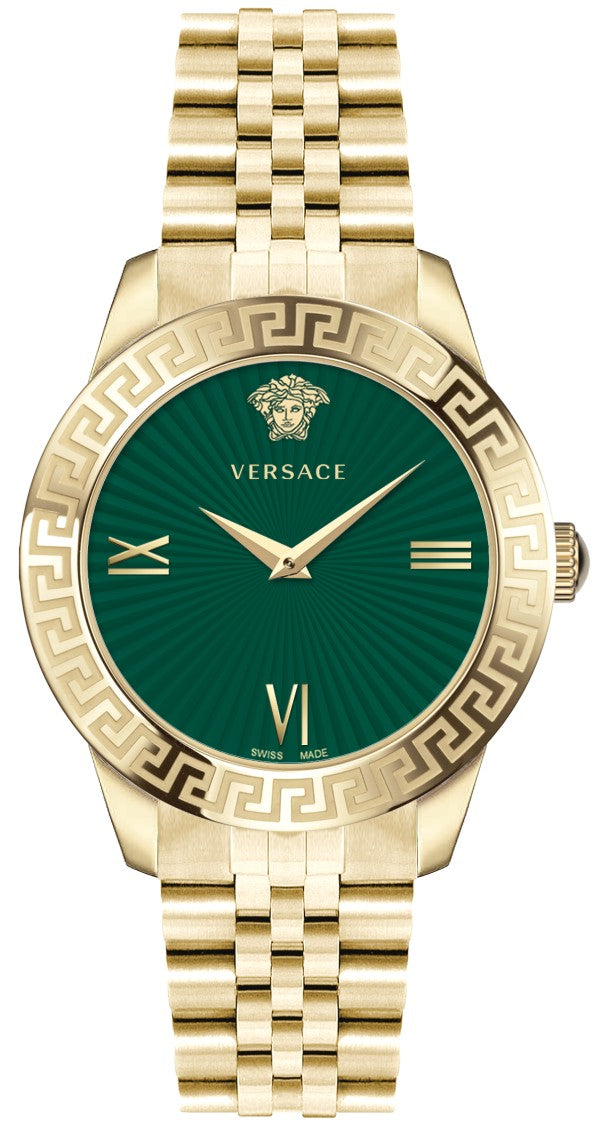 Versace Greca Signature 38Mm Quartz Watch With Green Dial And Gold-Tone Case