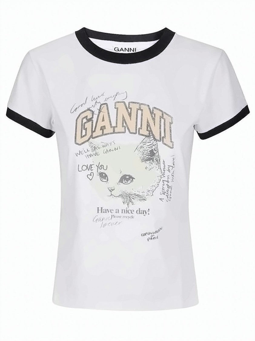 Ganni White Graphic Print Fitted Cotton T-Shirt