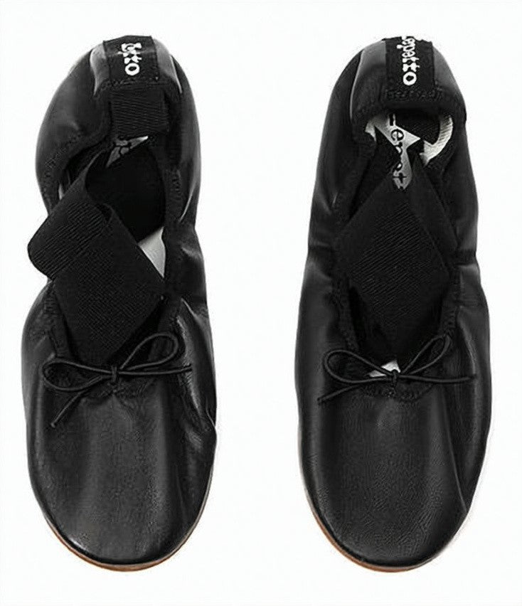 Repetto Ruched Black Leather Flats With Bow Detail