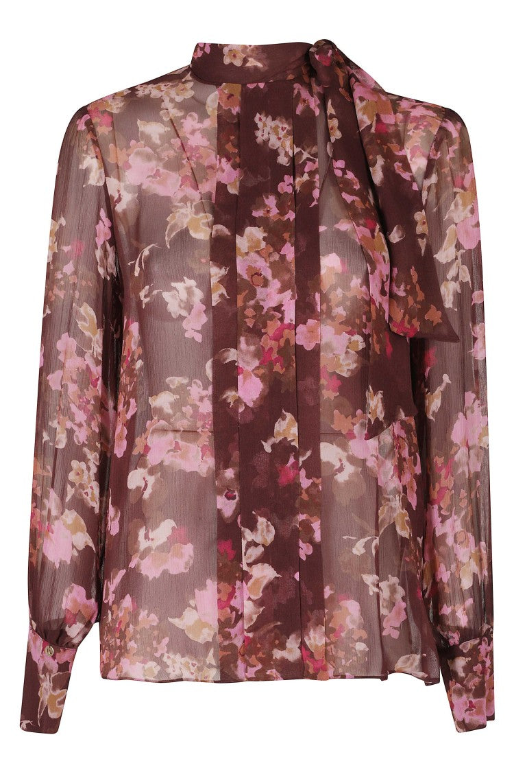 Nissa Bordeaux Ruffles Floral Print Viscose Blouse