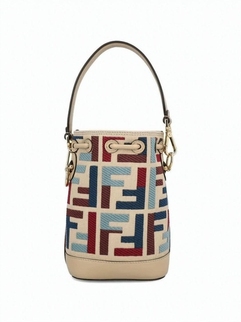 Fendi Geometric Pattern Mini Bucket Bag With Drawstring Closure