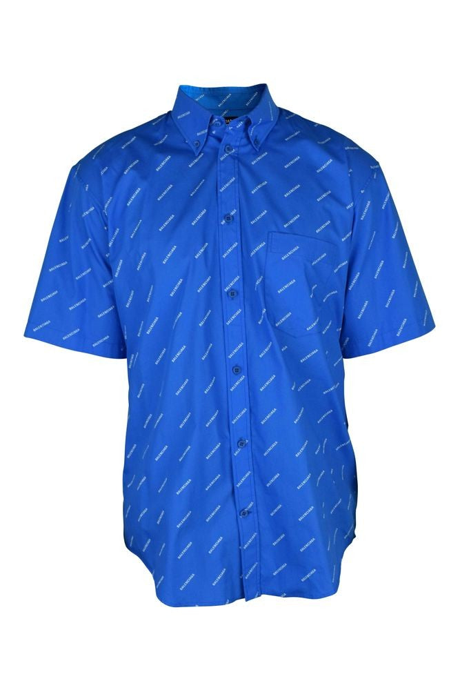 Balenciaga Blue Cotton Monogrammed Shirt With Classic Collar