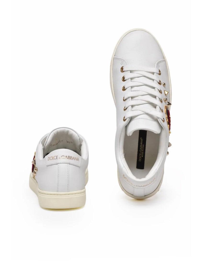 Dolce & Gabbana White Gold-Studded Heart Leather Sneakers