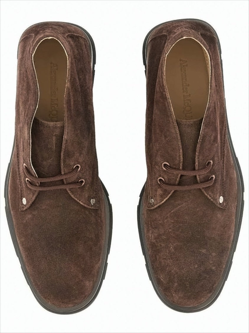 Alexander Mcqueen Minimalist Lace-Up Brown Suede Boots With Rubber Sole