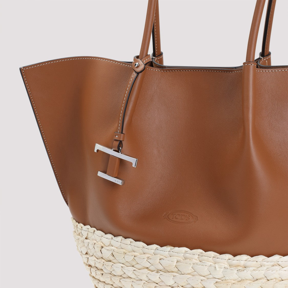 Tod's Brown Leather Shopper Bag With Woven Raffia Base