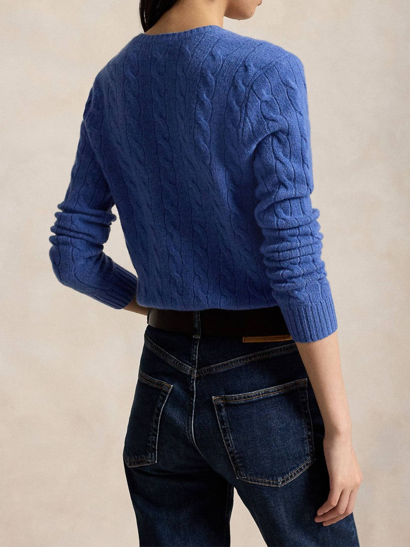 Polo Ralph Lauren Cable Knit Blue Pullover With V-Neckline And Ribbed Details