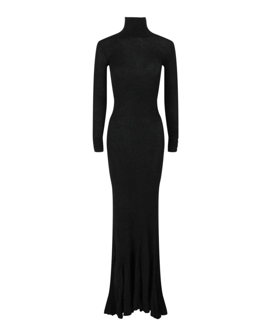 Balenciaga Fitted Maxi Godet Dress With Turtleneck And Pilling Accents