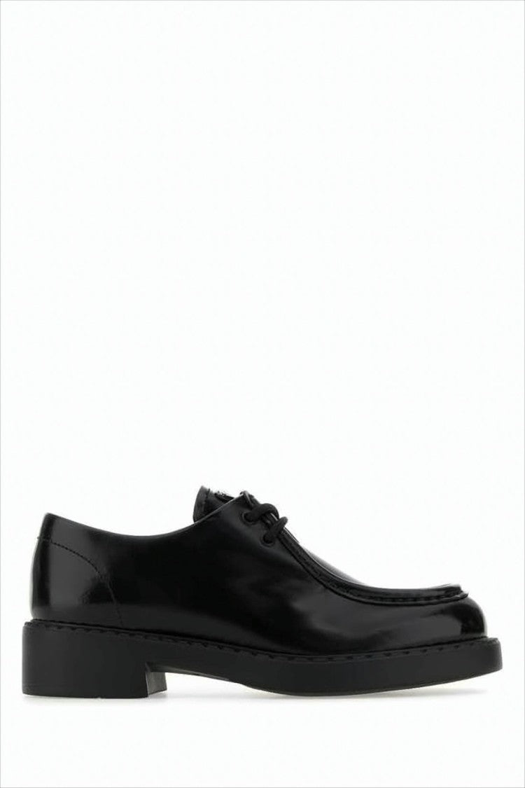 Prada Polished Black Leather Loafers With Classic Lace-Up Design