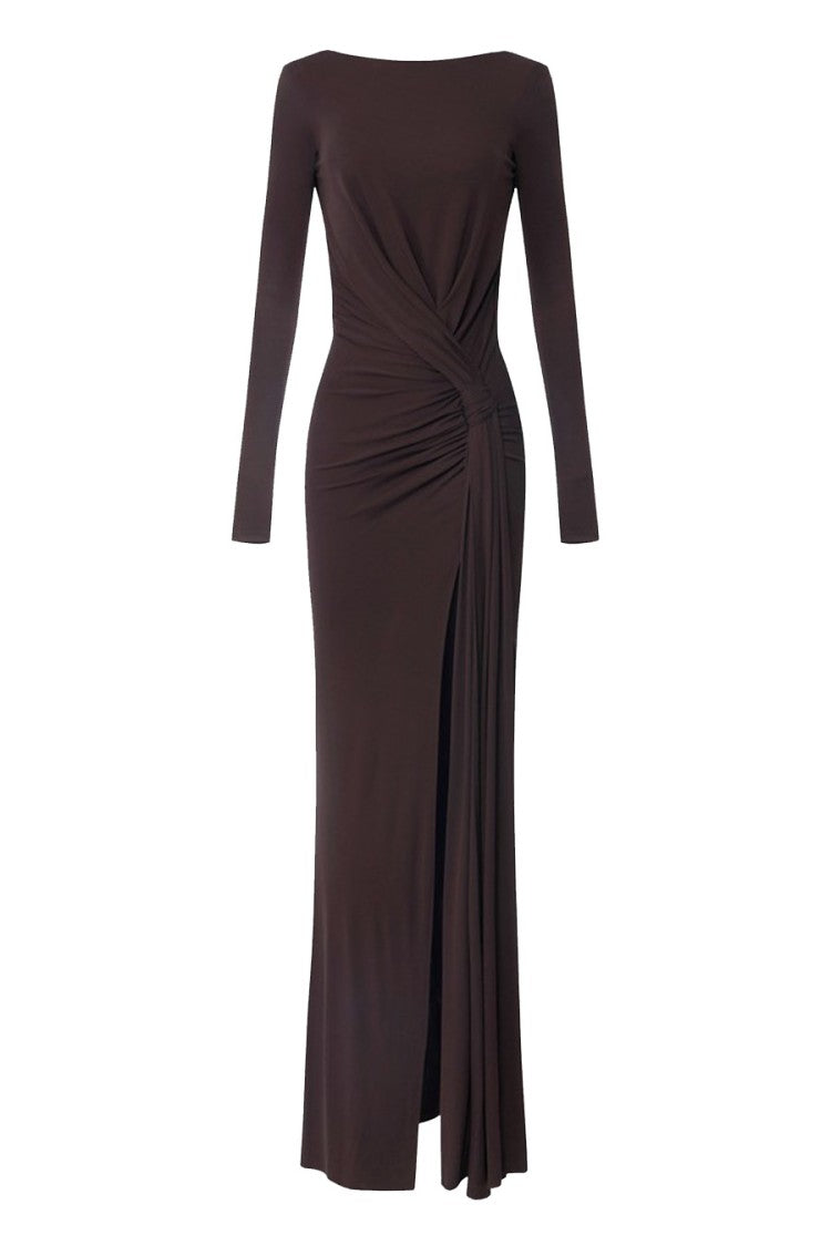 Elisabetta Franchi Brown Draped Knot Thigh-High Slit Polyester-Blend Dress