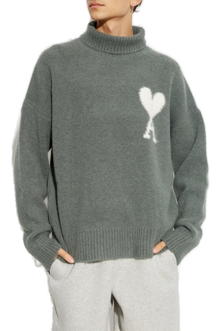 Ami Paris Grey Turtleneck Sweater With Ribbed Details And Heart Logo