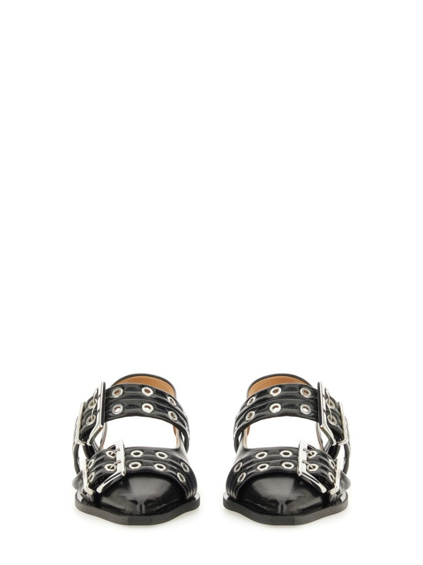 Ganni Pointed Toe Silver Buckle Polyester Flats