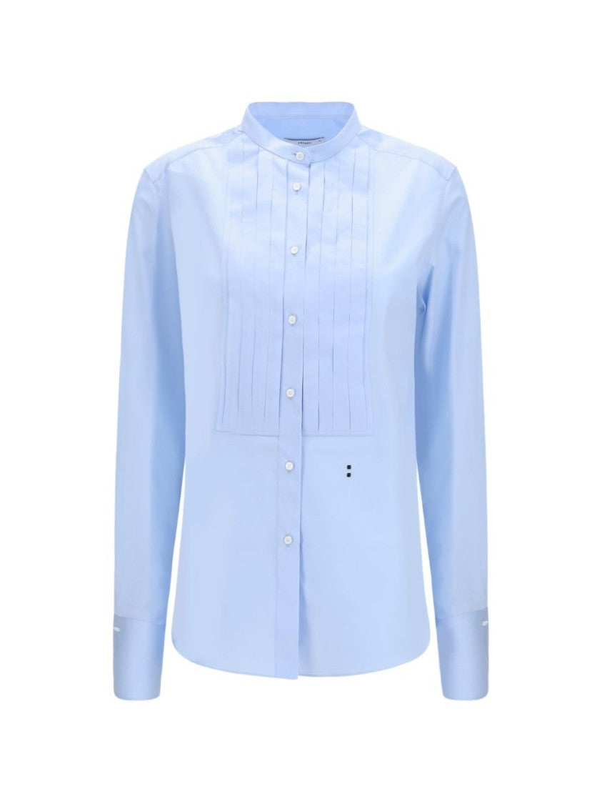Fendi Light Blue Structured Pleated Mandarin Collar Shirt