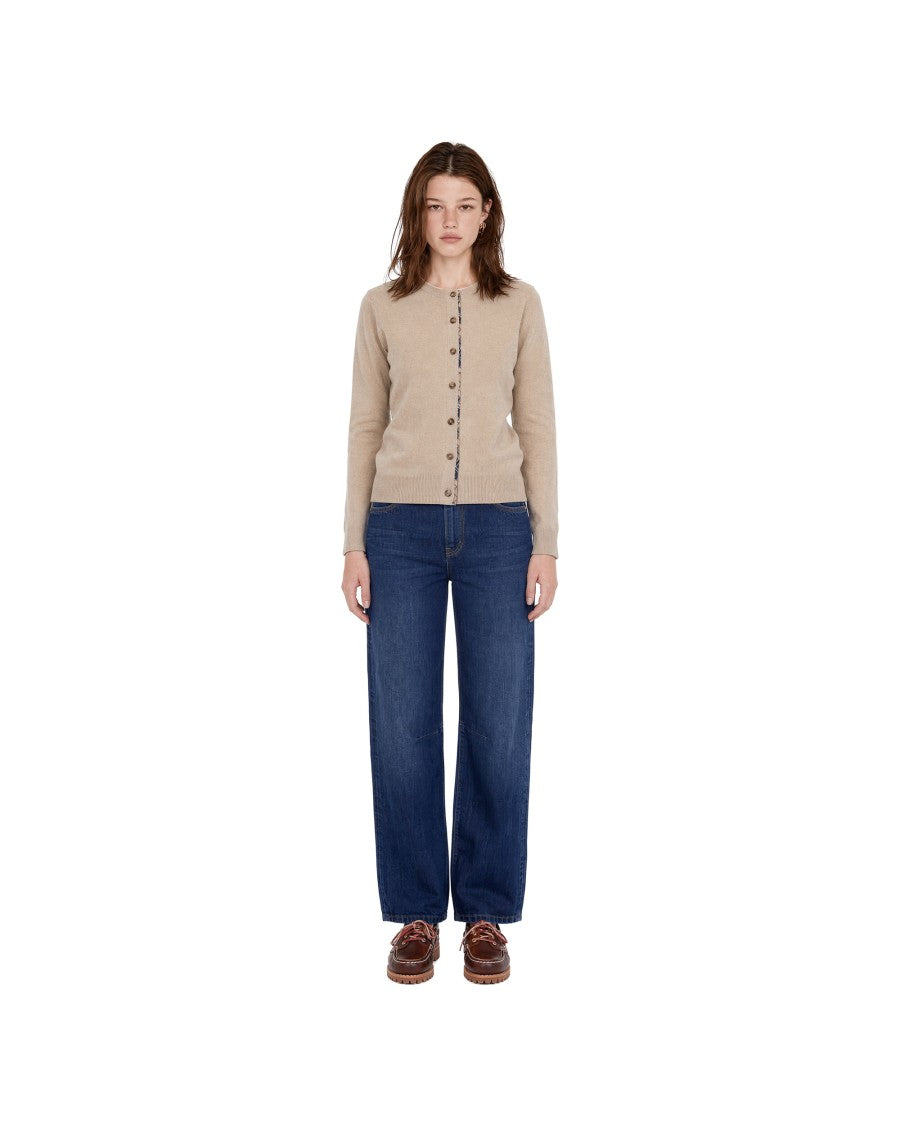 Barbour Beige Tartan Elbow Patches Wool-Blend Cardigan