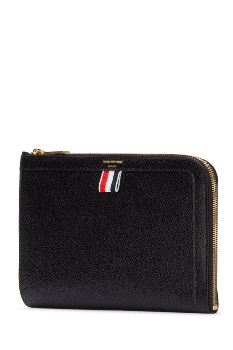 Thom Browne Textured Leather Pouch With Zip Closure And Logo Patch