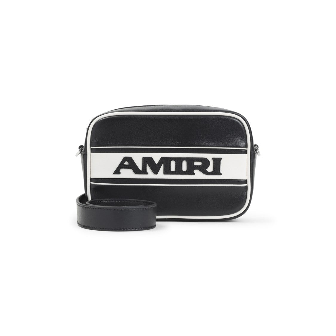 Amiri Compact Black Leather Shoulder Bag With White Accents And Bold Logo