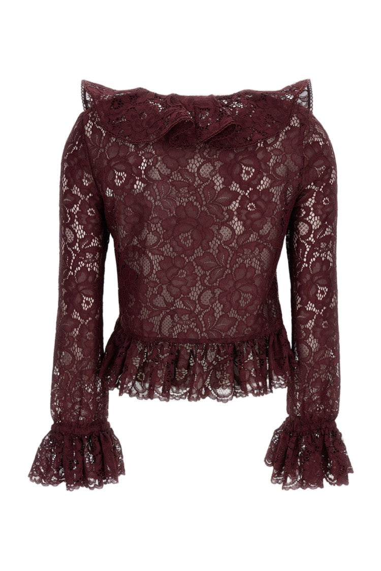 Self-Portrait Burgundy Lace Ruffle Crop Top