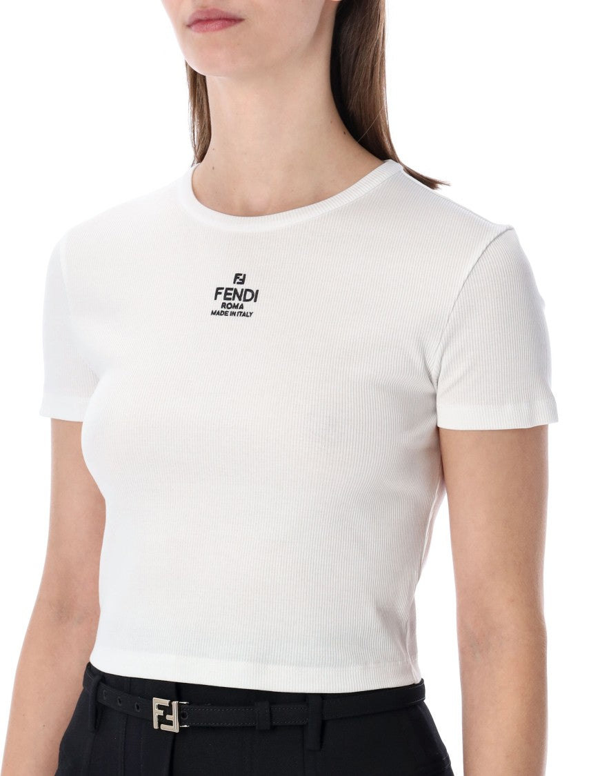 Fendi Cropped Slim Fit Ribbed Cotton T-Shirt With Embroidered Logo