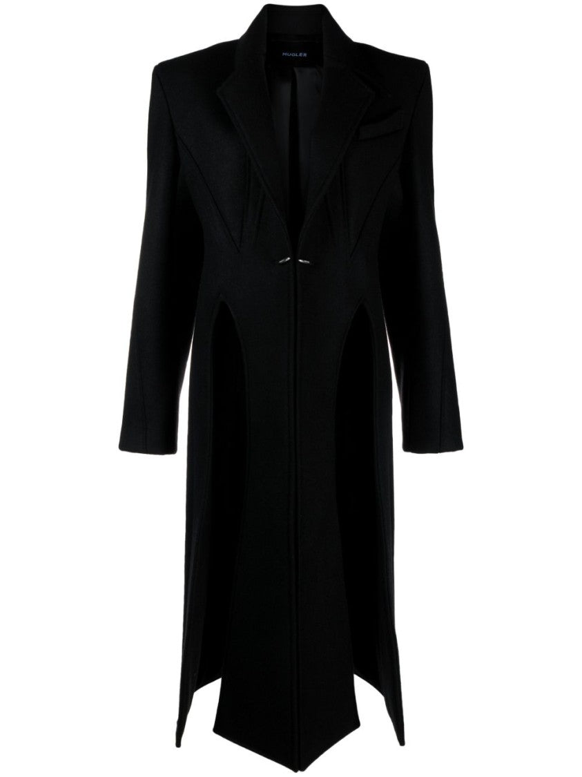 Mugler Asymmetric Hem Black Wool Blend Coat With Cut-Out Detailing