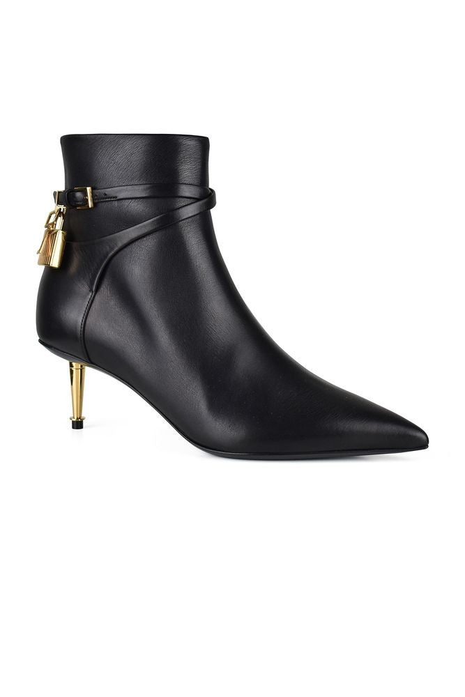 Tom Ford Pointed Black Leather Ankle Boots With Gold Lock Charm