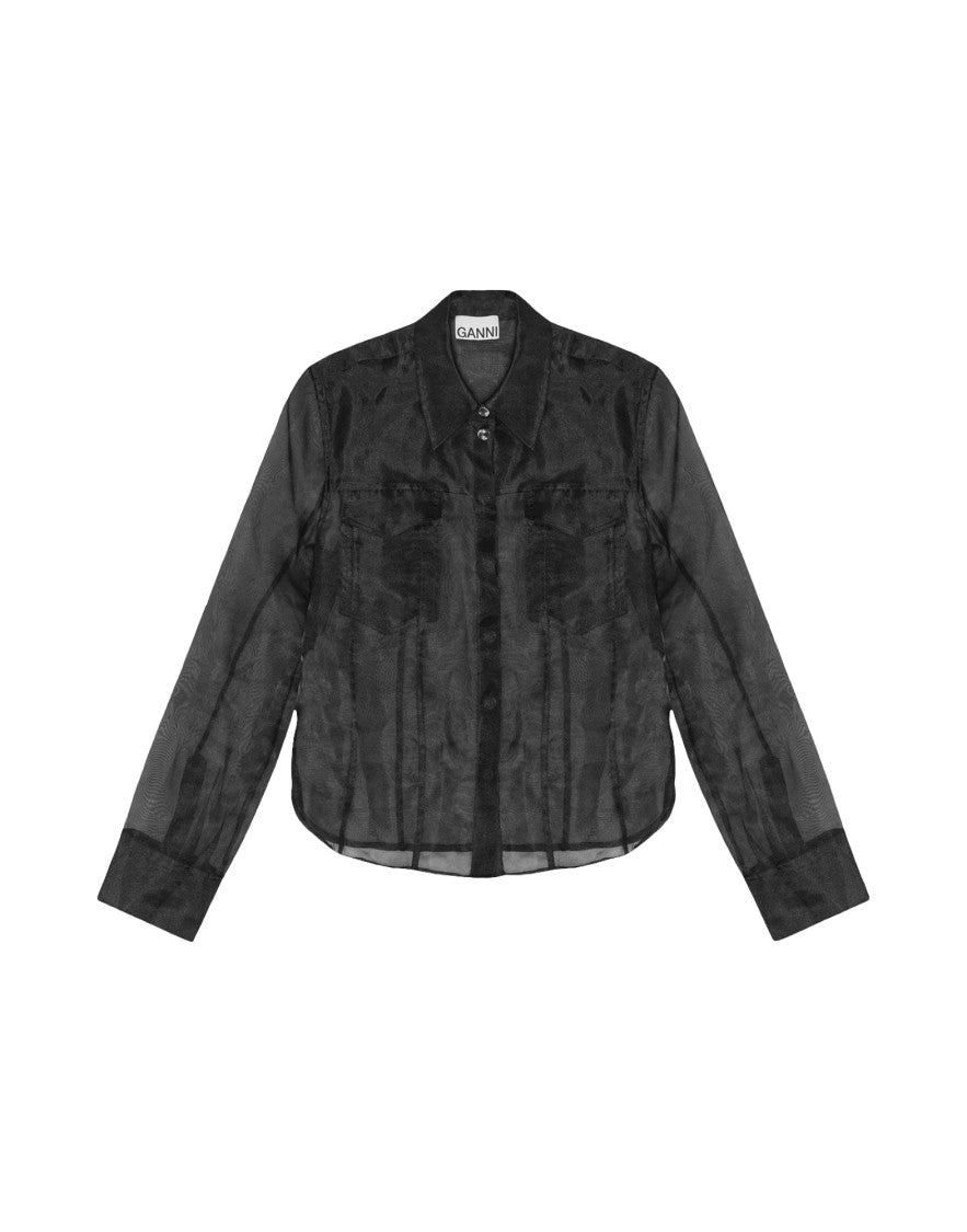 Ganni Sheer Black Organza Shirt With Classic Collar