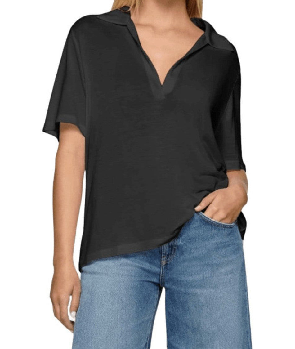 Dondup Deep V-Neck Black Polo With Modal And Silk Blend