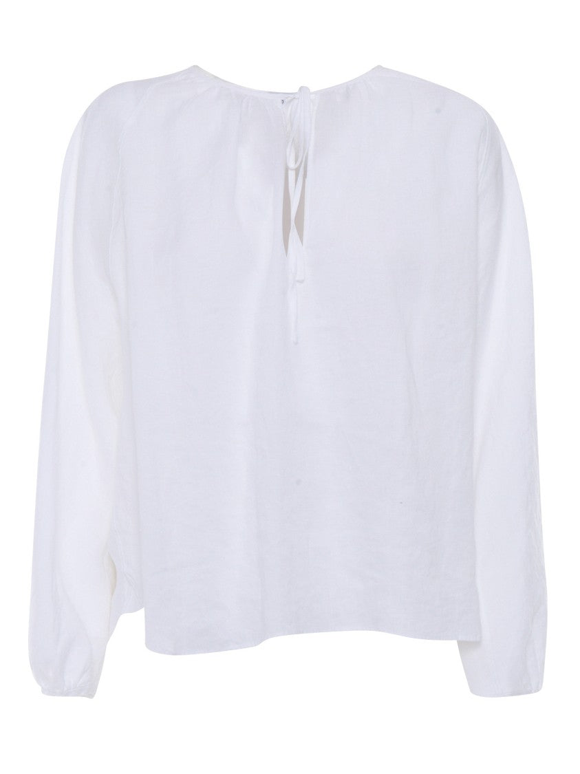 Aspesi White Linen Top With Gathered Long Sleeves