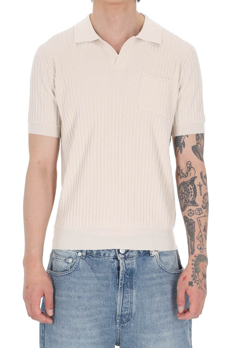 Roberto Collina Ribbed Cotton Open Collar Pocket Polo Shirt