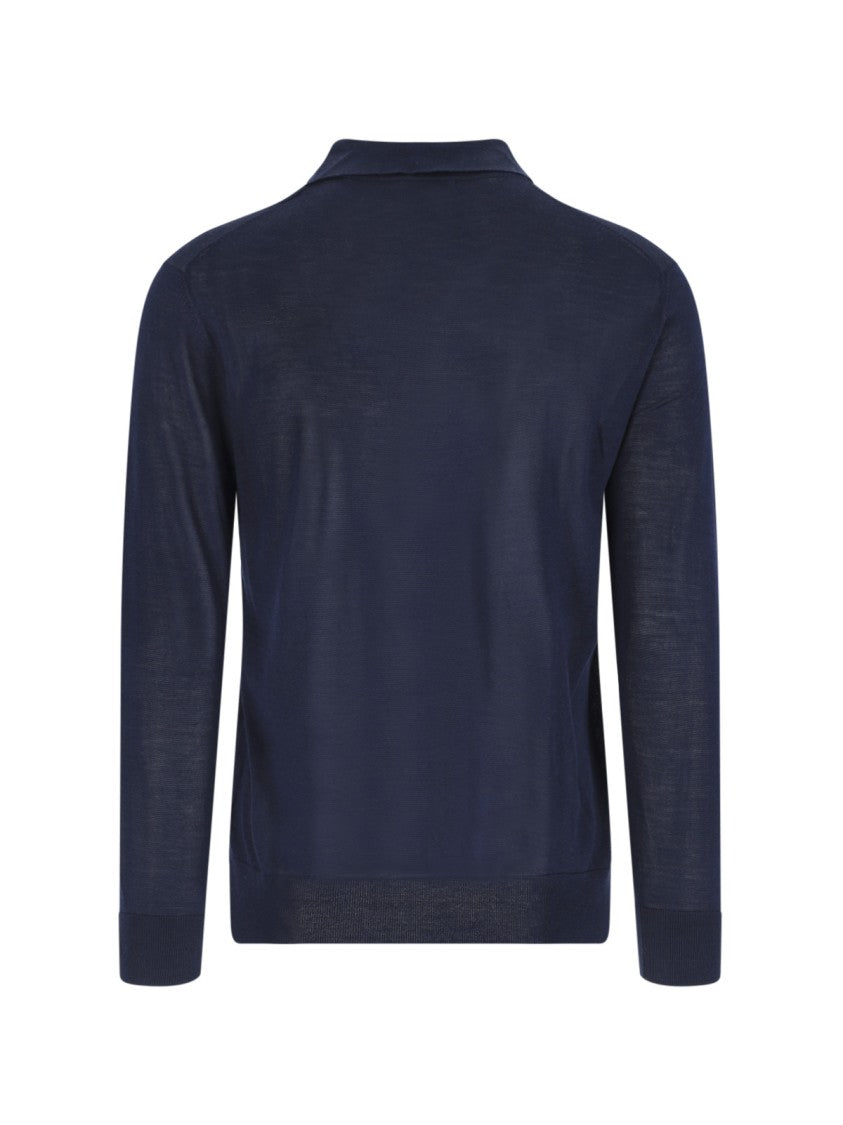 Ballantyne Blue Silk-Cashmere Ribbed Polo Sweater