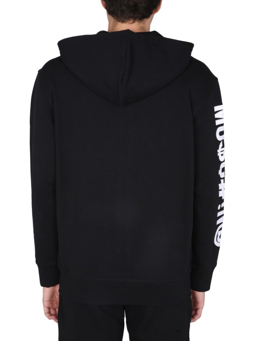 Moschino Logo-Embroidered Black Zip-Up Hoodie With Drawstring