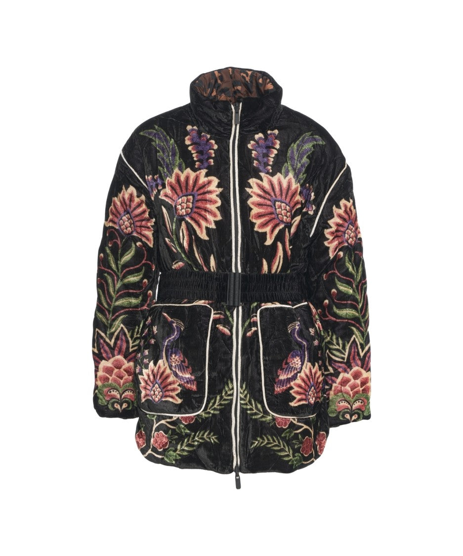 Farm Rio Padded Velvet Jacket With Floral And Bird Embroidery