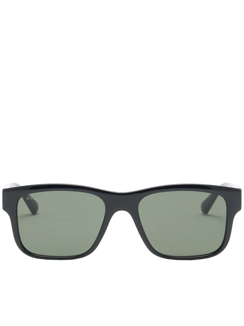Gucci Black Rectangular Green Lens Gold Sunglasses