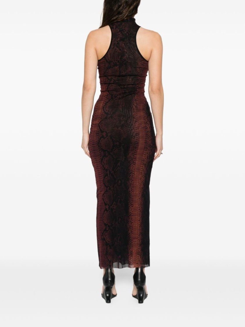 Jean Paul Gaultier High-Neck Midi Dress With Snake Print In Silk And Nylon