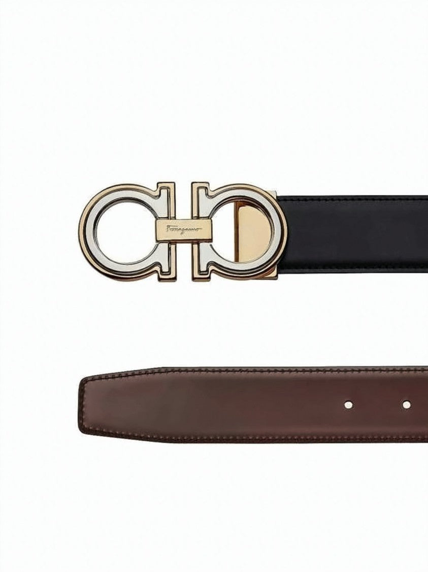 Salvatore Ferragamo Calf Leather Belt With Gold-Tone Double Gancini Buckle