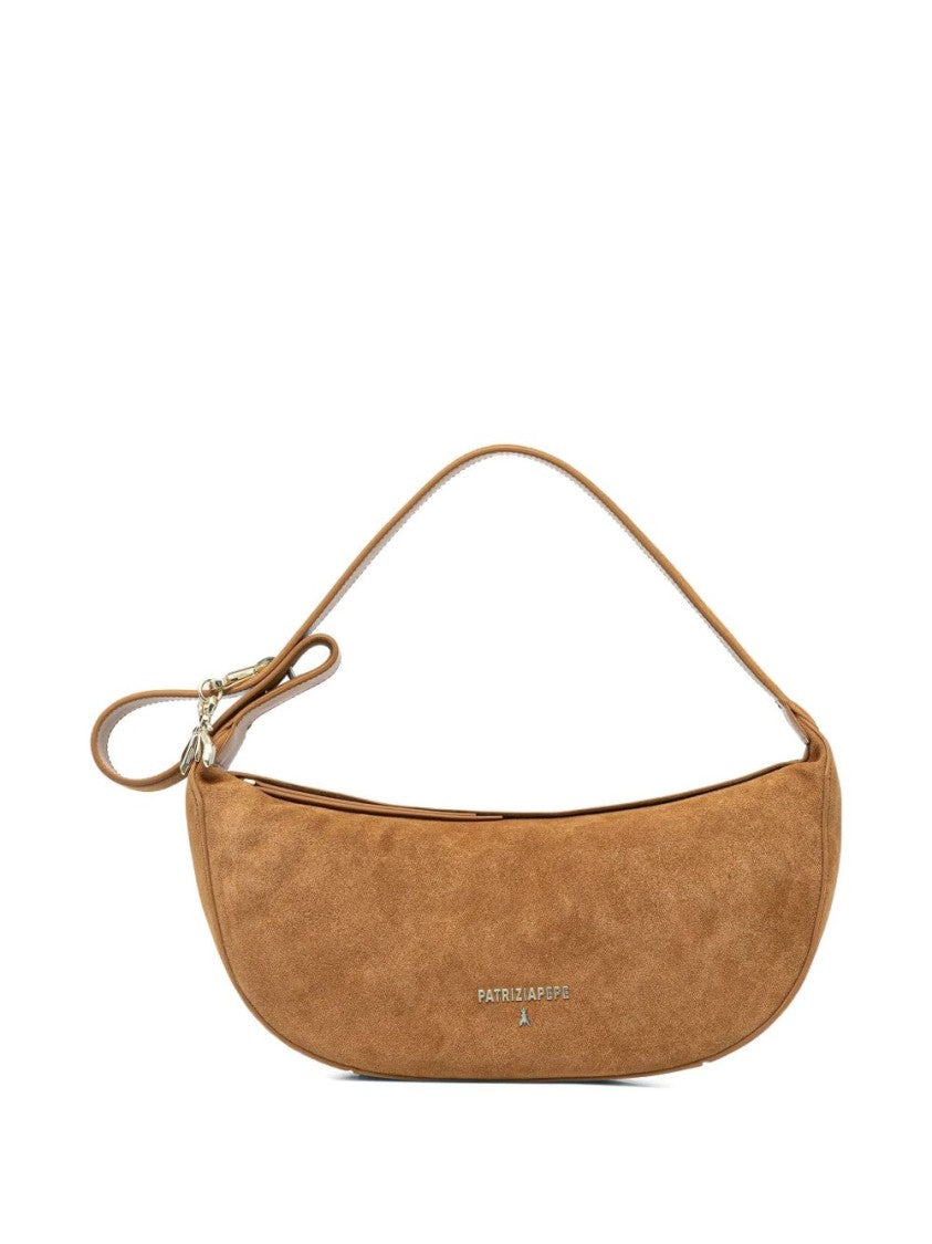 Patrizia Pepe Light Brown Suede Shoulder Bag With Bow Detail And Signature Accents