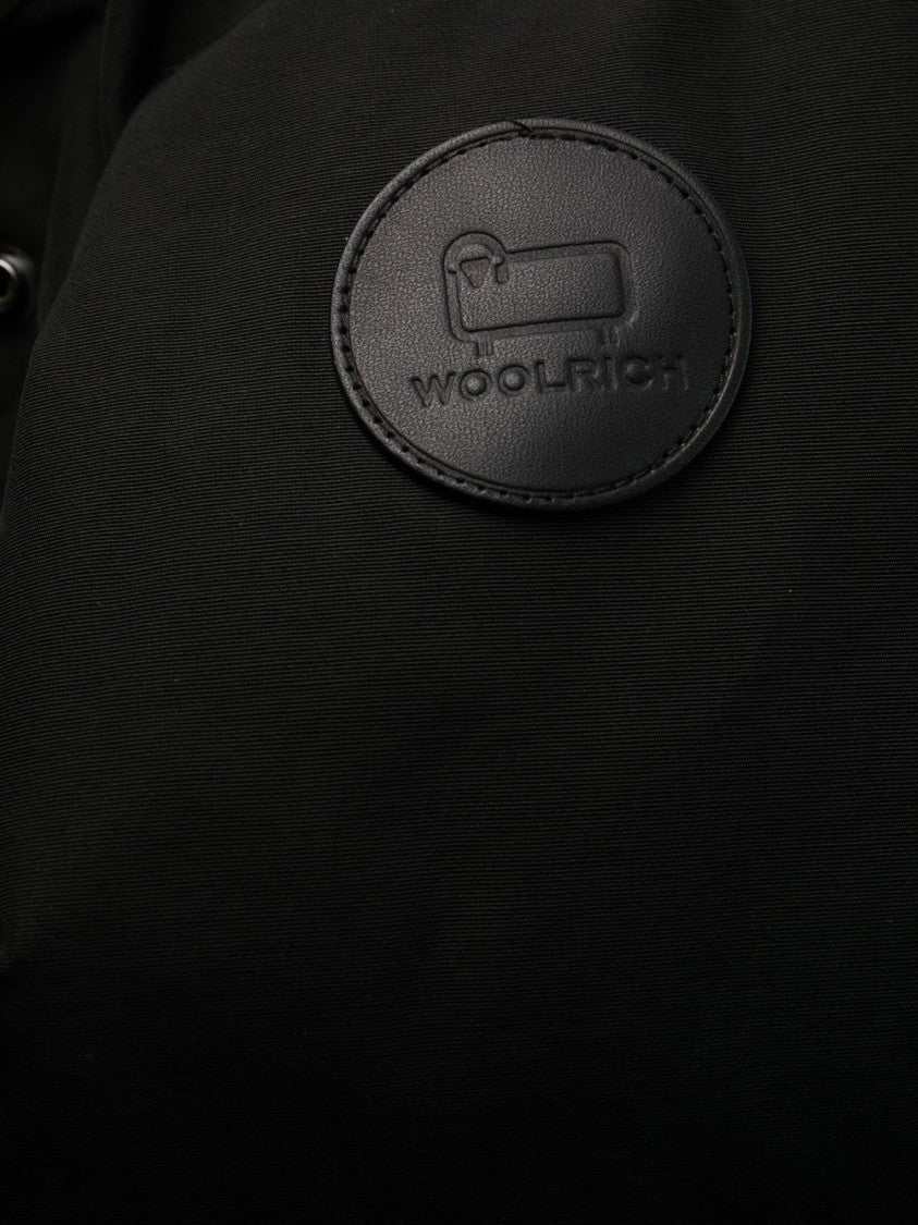 Woolrich Thigh-Length Black Coat With Classic Hood And Logo Patch