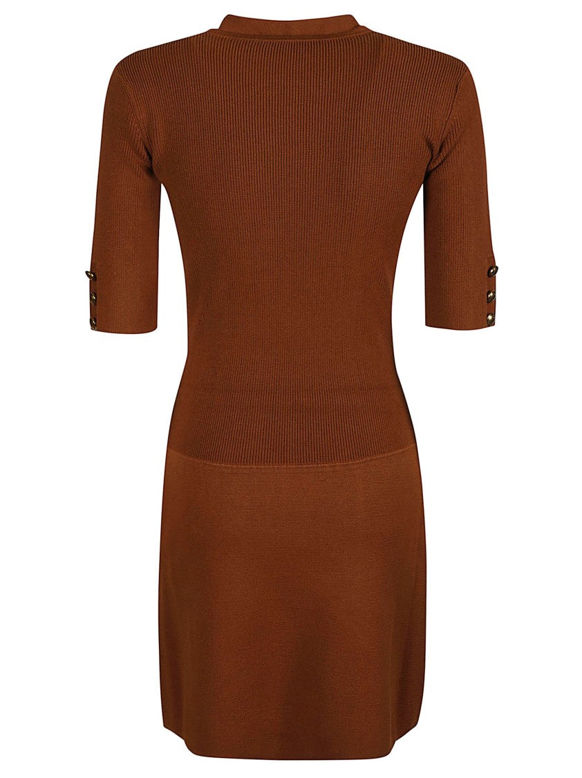 Elisabetta Franchi Ribbed Knit Mini Dress With Unique Nektie Detail