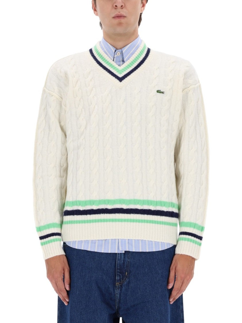 Lacoste Textured Cable Knit Sweater With Contrasting Stripes