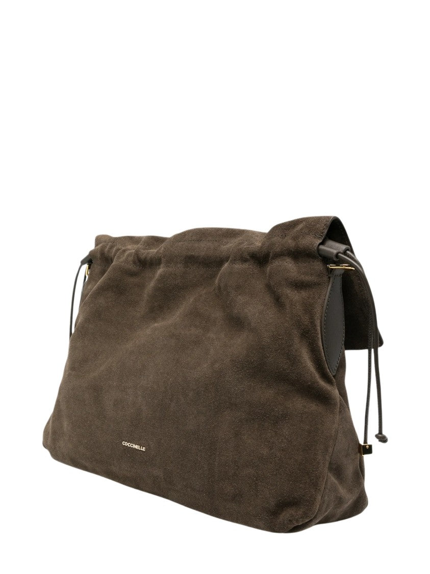 Coccinelle Suede Leather Drawstring Shoulder Bag With Gold-Tone Accents