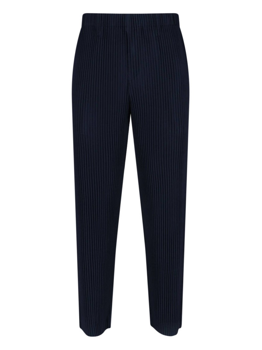 Homme Plissé Issey Miyake Navy Pleated High-Waisted Trousers With Two Side Pockets